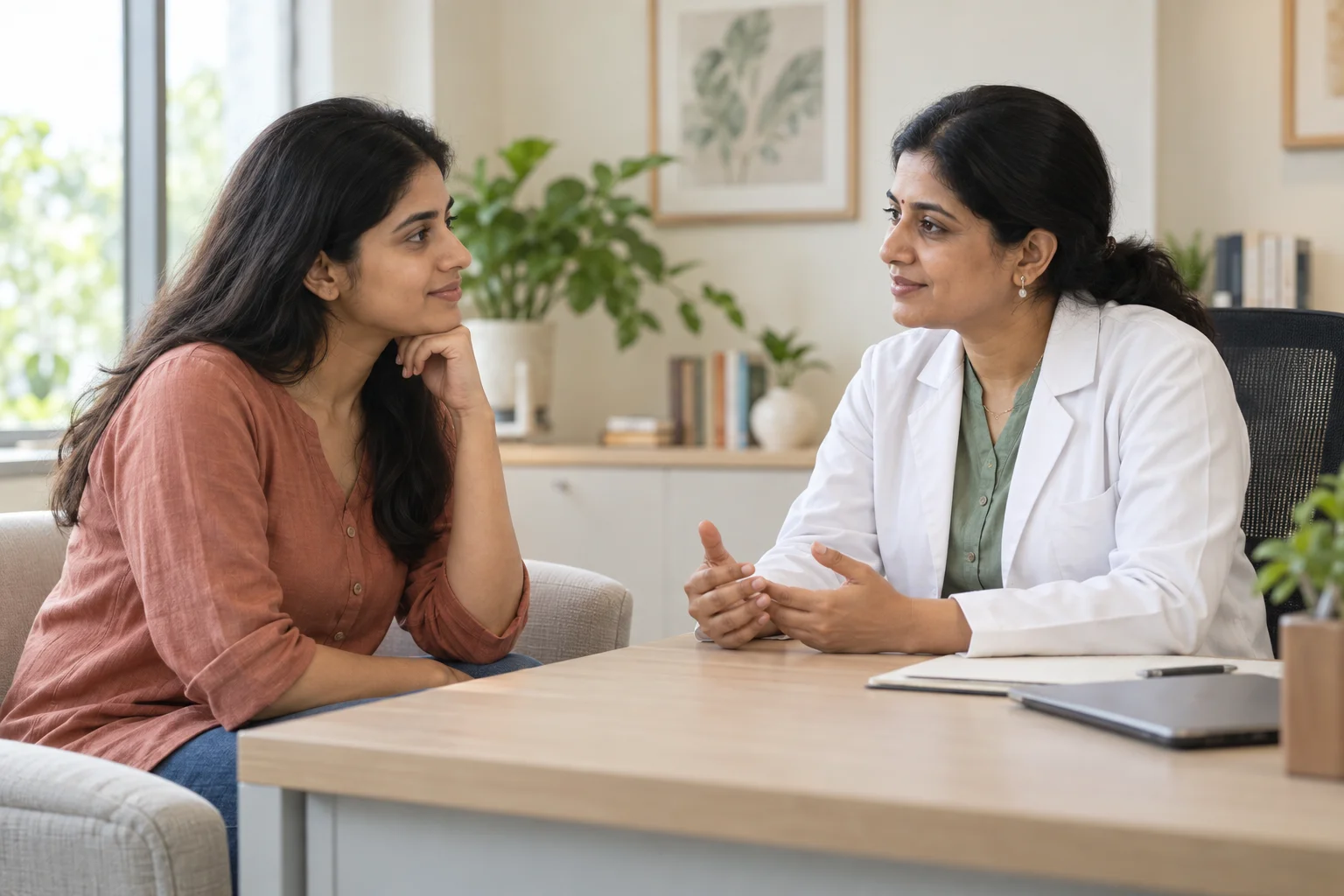 Illustrative private conversation between an adult woman and a female doctor